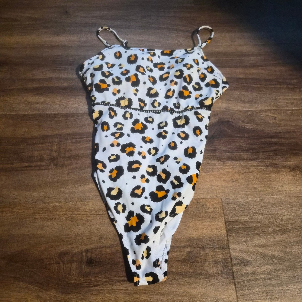 Cupshe Women Leopard Print One Piece Swimsuit White Orange Resortwear Large.